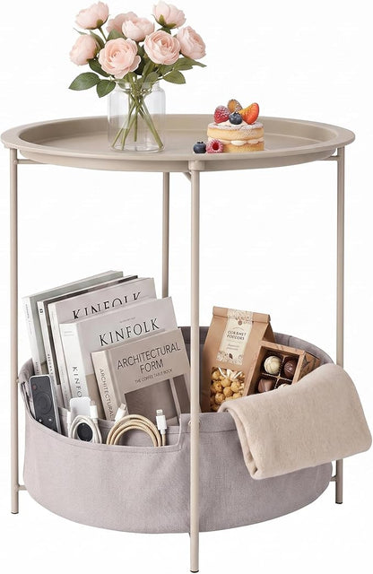 VECELO Round Side/End Table with Fabric Storage Basket，Metal Anti-Rust and Waterproof Small Bedside Nightstand with Removable Tray Top for Living Room，Balcony & Laundry，Grey /1pcs with Basket