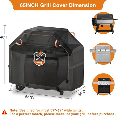Grill Cover, Universal 65" BBQ Grill Cover for Outdoor Grill, Waterproof, Weather Resistant, Fade Resistant Gas Grill Cover with Adjustable Double Straps for Weber, Char-broil, Nexgrill, etc
