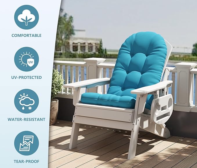 Adirondack Chair Cushion Set of 2, Thickened Patio Chair Cushions with Ties, Waterproof and UV-Protected Rocking Chair Cushion for Indoor and Outdoor, Lake Blue.