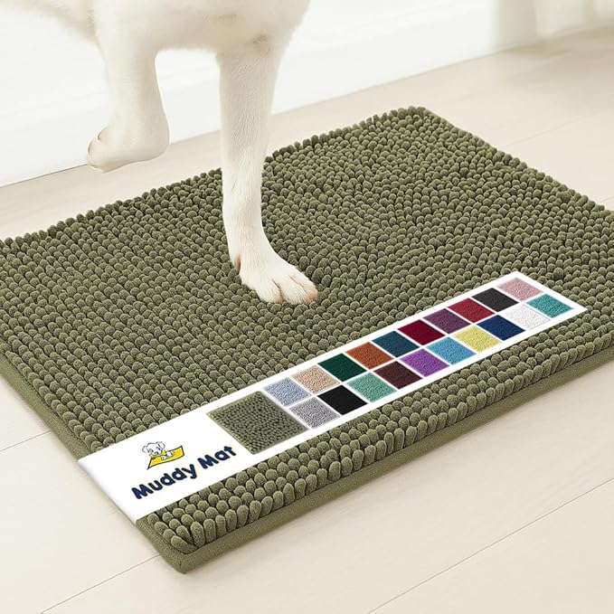Muddy Mat® | Super Water Absorbent Door Mat Indoor, Microfiber Quick Dry Chenille Entryway Rug, Slip Resistant Front Door Mat, Indoor Mats for Entryway, Machine Washable Pet Rug, Army Green 19"x30"