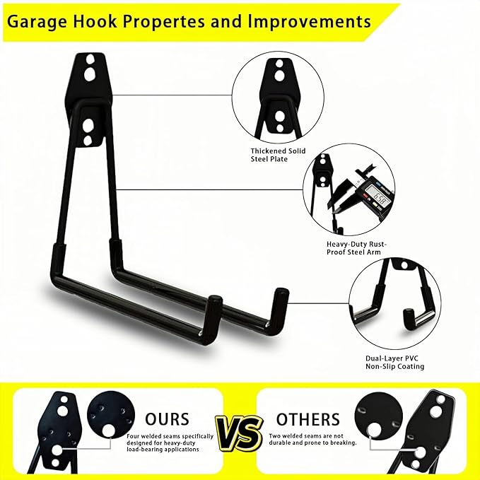 10 Pack Garage Hooks Heavy Duty with Anti-Slip Coating, Steel Utility Ladder Hooks for Hanging Garden Tools, Hoses, Ropes, Bikes and More (7.7in)