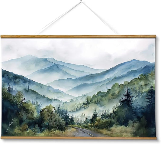 ARPEOTCY Extra Large Vintage Framed Wall Art, 36x54 Inch Watercolor Blue Ridge Mountains Forest Landscape Hanging Framed Canvas Print Art for Living Room Bedroom, Farmhouse Above Bed Wall Decor