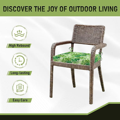 Basic Beyond Outdoor Chair Cushions Set of 4, Square Corner Outdoor Cushions for Patio Furniture, Water Resistant Patio Chair Cushions with 2 Ties, 18.5x16x3, Green Leaves