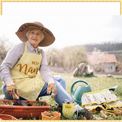 Lasnten 16 Pcs Mothers Day Garden Gift for Nana Women Dasiy Gardening Supplies Birthday Garden Tools Set from Daughters Gloves Apron Insulation Cup Fork Trowel Tote Bags for Plant Present