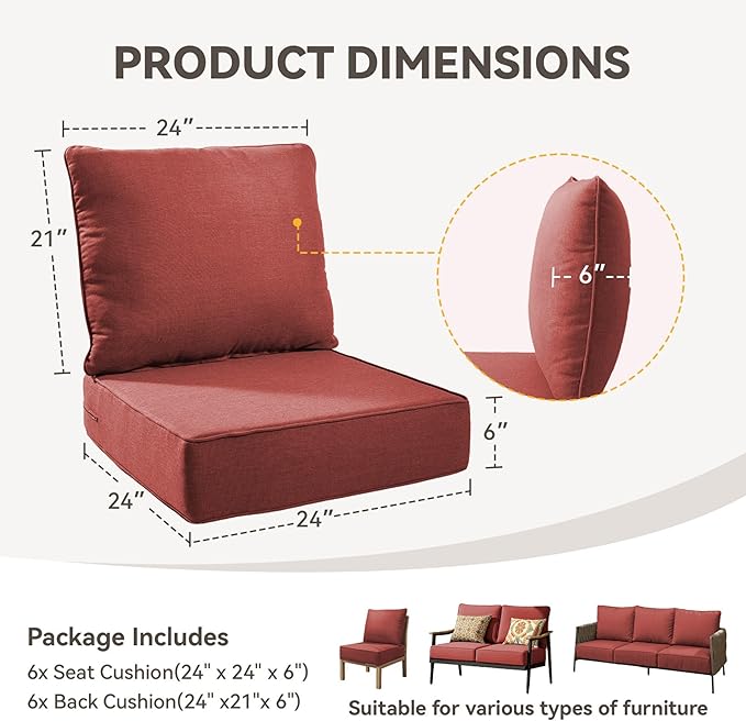 Outdoor Cushion Set for Furniture Patio Furniture, UV Resistant, Water Resistant - 6 Inch Thick Foam Garden Cushions– 24x24 Inch Patio Seat Covers for Chair/Sofa/Couch | Red | 6-Pack |