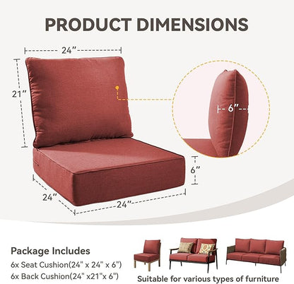 Outdoor Cushion Set for Furniture Patio Furniture, UV Resistant, Water Resistant - 6 Inch Thick Foam Garden Cushions– 24x24 Inch Patio Seat Covers for Chair/Sofa/Couch | Red | 6-Pack |