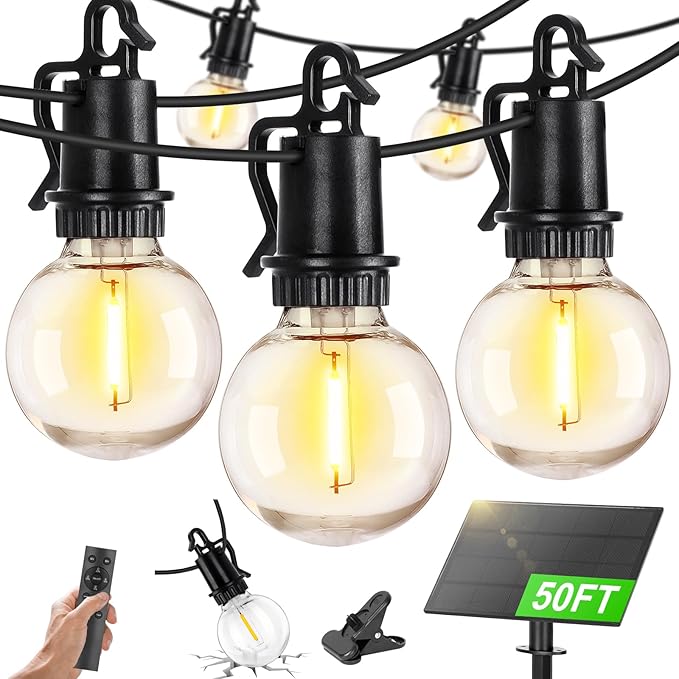 ZJOJO Solar Outdoor String Lights Waterproof, 50FT G40 Globe Patio Lights String Lights Solar Powered with 25 Edison Bulbs 2700K Shatterproof Hanging Lights for Porch Backyard Pergola Bistro