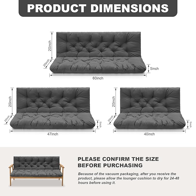Porch Swing Cushions,Outdoor Cushions 3 Seater Replacement with Backrest, Waterproof Thickened Bench Cushion with Ties for Porch, Patio,Outdoor, Backyard and Garden (Dark Gray 47 * 40 in)