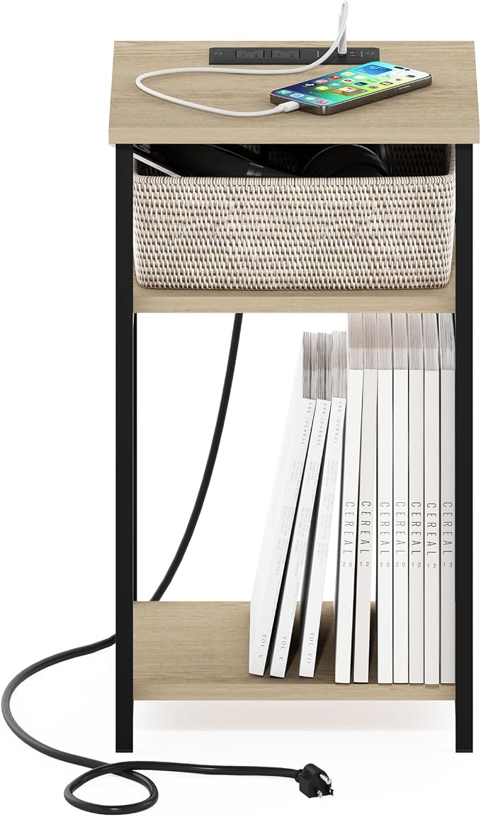 Furinno Moretti Side Table, 3-Tier Modern End Table with Charging Station, Metal Frame Night Stand, Bedside Table with USB and Type-C Port, for Living Room, Bedroom, Bauhaus Oak
