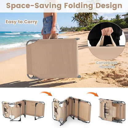 COSTWAY Tanning Chair with Face Hole, Folding Beach Lounge Chair | 4-Position Adjustable Backrest, Pillow & Side Pocket for Sunbathing, Camping (2, Beige)