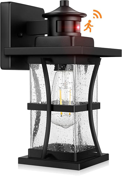 Motion Sensor Outdoor Wall Lights Fixture, Advanced Dusk to Dawn Exterior Lighting, Outside Light for House, Garage, Anti-Rust Waterproof Front Porch Lanterns Fixtures Wall Mount, Seeded Glass, Black