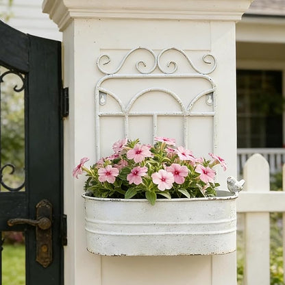 Rustic Metal Wall Planter Country Garden Wall Hanging Mount Vase Pocket Outdoor Vintage Hanging Pot Farmhouse Wall Decor for Plants Flowers (White)
