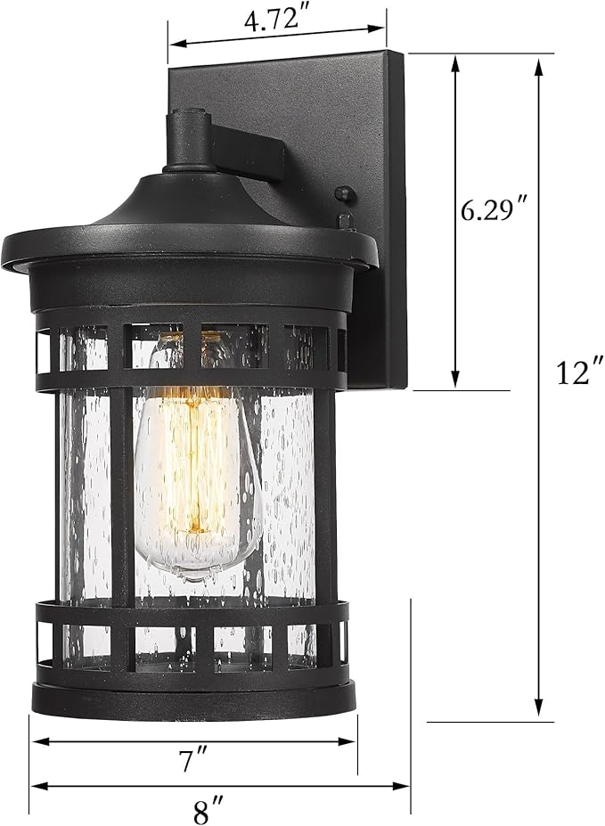 Bestshared Outdoor Wall Mount Lantern Anti-Rust Porch Light Fixtures Waterproof Wall Lamp Light Seeded Glass Exterior Sconce Lighting for Porch Patio Garage Front Door Entryway (Black, 12 Inch Height)