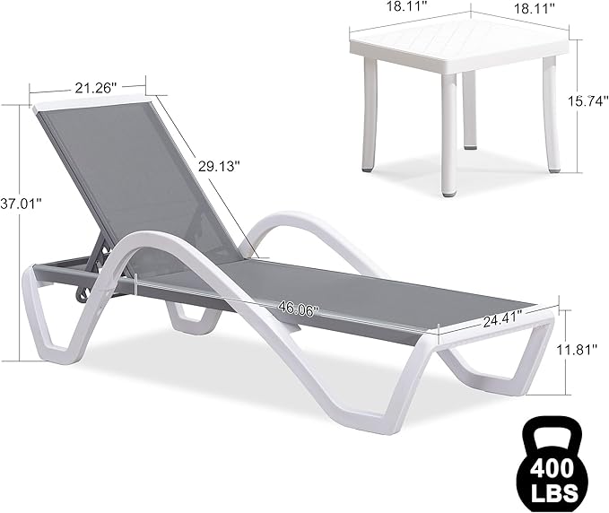 PURPLE LEAF Patio Chaise Lounge Chair Set Outside Aluminum Plastic Stackable Tanning Chairs with Armrests and Side Table for Pool Sunbathing Beach Deck Outdoor Lounger, Gray