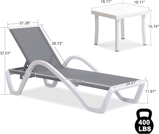 PURPLE LEAF Patio Chaise Lounge Chair Set of 3 Outside Aluminum Plastic Stackable Tanning Chairs with Armrests and Side Table for Pool Sunbathing Beach Deck Outdoor Lounger, Gray