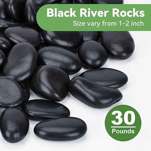 Pulovin 30 lbs Decorative Garden Rocks for Flower Pots, Vase, 1"-2", Polished Black River Stones for Plants, Outdoor Landscaping, Walkways, Yard