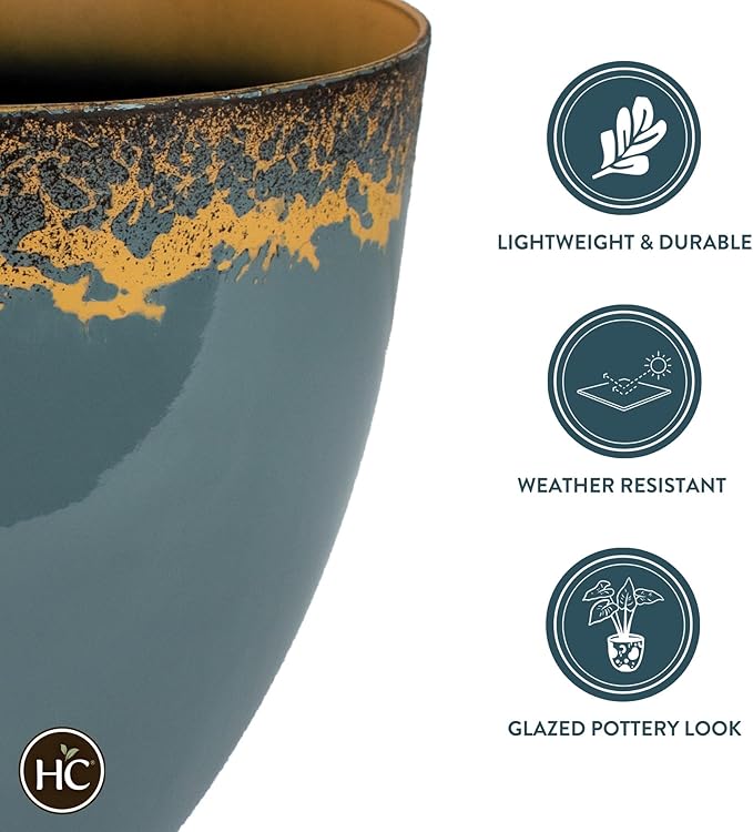 The HC Companies 11.5 Inch Seabrook Decorative Round Planter - Lightweight Premium Resin Plant Pot with a Ceramic Look for Indoor Outdoor Use, Slate Blue