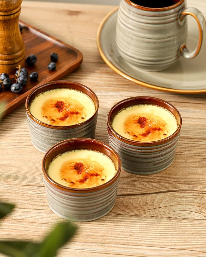 Hasense Creme Brulee Ramekins Oven Safe, 8 Ounce Ceramic Souffle Dish Set of 6, Small Dipping Sauce Bowls for Pudding, Souffle, Serving Dip, Custard, Ice Cream, Light Grey