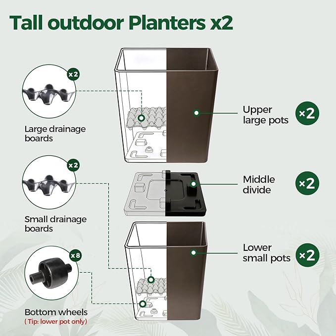 T4U Tall Planter for Outdoor Plants, 24.8 Inch Outdoor Planters for Porch Set of 2, Large Planter for Indoor & Outdoor Plants with Wheels Drainage Plug, Front Porch, Patio, for Home Decor (Dark Brown)