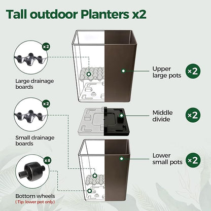 T4U Tall Planter for Outdoor Plants, 24.8 Inch Outdoor Planters for Porch Set of 2, Large Planter for Indoor & Outdoor Plants with Wheels Drainage Plug, Front Porch, Patio, for Home Decor (Dark Brown)
