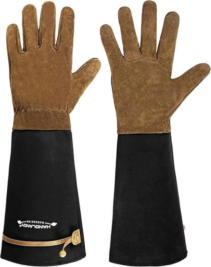 HANDLANDY Long Gardening Gloves for Men & Women, Cowhide Leather Rose Pruning Gloves, Breathable Thorn Proof Gauntlet Glove (Brown-Cowhide, L)