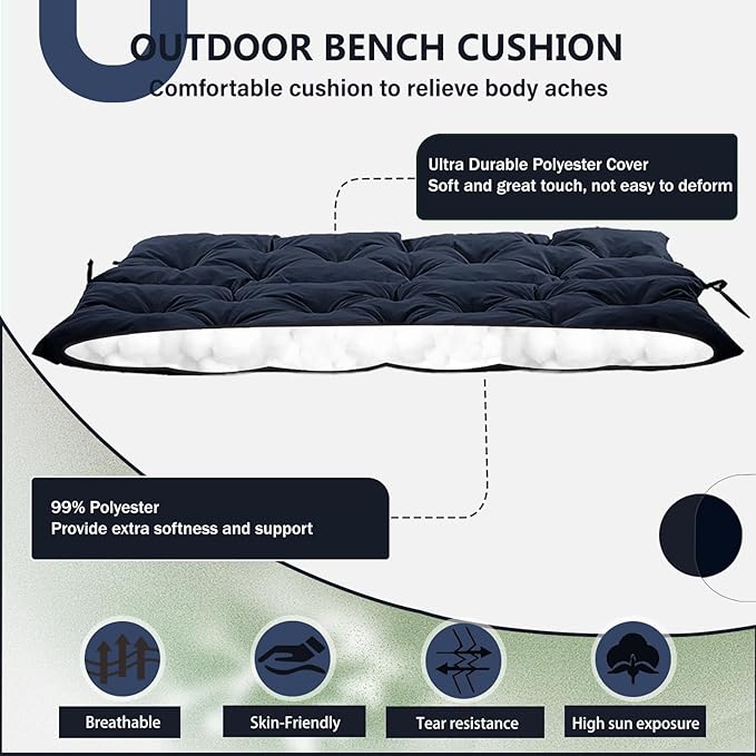 2/3 Seater Swing Replacement Cushion, Waterproof Porch Swing Cushions with Backrest, Thickened Bench Cushions for Outdoor Furniture, for Outdoor Patio Swing (Navy Blue, 71 * 40in)