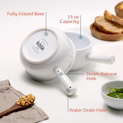 KooK French Onion Soup Bowls, French Onion Soup Crocks, Soup Bowl with Handles, 15 oz, Set of 4, Ceramic Bowls, Microwave, Dishwasher Safe & Oven safe, Stoneware,(White)
