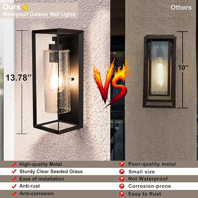 Craly 14" Outdoor Wall Sconce, Exterior Waterproof Wall Light Lantern with Hand-Crafted Clear Seeded Glass Shade, Matte Black, Outside Porch Lights Fixtures for Patio Front Door Entryway 2 Pack