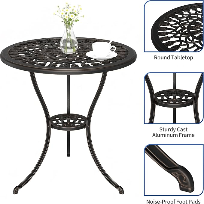 IDEALHOUSE Patio 23''Cast Aluminum Side Table with Umbrella Hole,Outdoor Small Coffee Tables,Anti-Rust Bistro Table,Round End Table,Outdoor Furniture for Indoor,Patio,Garden,Porch,Balcony(Bronze)