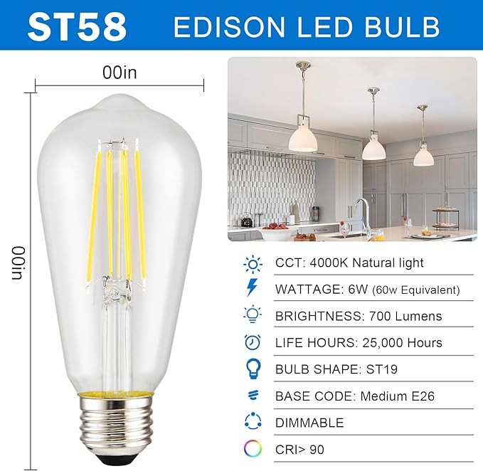 HESSION Vintage LED Edison Bulb, 6-Pack ST58 6W, Equivalent 60W Neutral Natural Light 4000K E26 Medium Base Antique Vintage Style, Clear Glass Filament Edison Light Bulbs with 90+CRI, Dimmable.