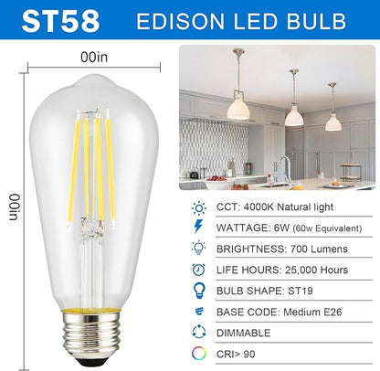 HESSION Vintage LED Edison Bulb, 6-Pack ST58 6W, Equivalent 60W Neutral Natural Light 4000K E26 Medium Base Antique Vintage Style, Clear Glass Filament Edison Light Bulbs with 90+CRI, Dimmable.