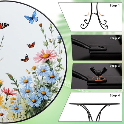 Outdoor Side Table, Flower & Butterfly Round Accent Table, Metal Indoor Small End Tables, 18" Plant Stand Tables for Patio Balcony Garden Bedside