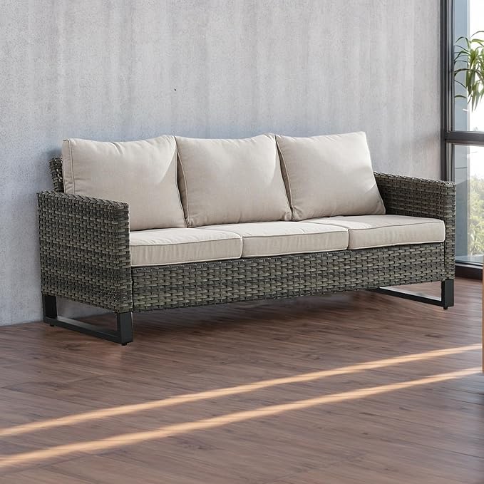 Rilyson Wicker Outdoor Couch Patio Sofa - 3 Seater Rattan Outdoor Patio Couch with Waterproof Wicker,Comfortable Cushions and Sturdy Metal Frame for Outside Porch Deck Backyard(Mixed Grey/Beige)