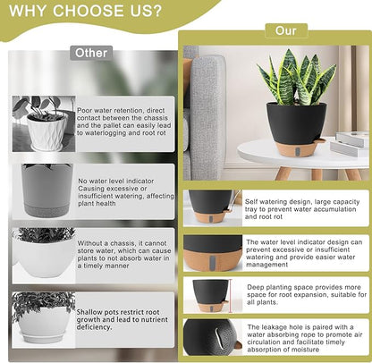 Self Watering Pots for Indoor Plants 12/10/9/8 Inch Large Plastic Self Watering Flower Pots Indoor Outdoor with Drainage Holes, Deep Reservoir,Nursery Planting Pot for Indoor Outdoor Plants Black