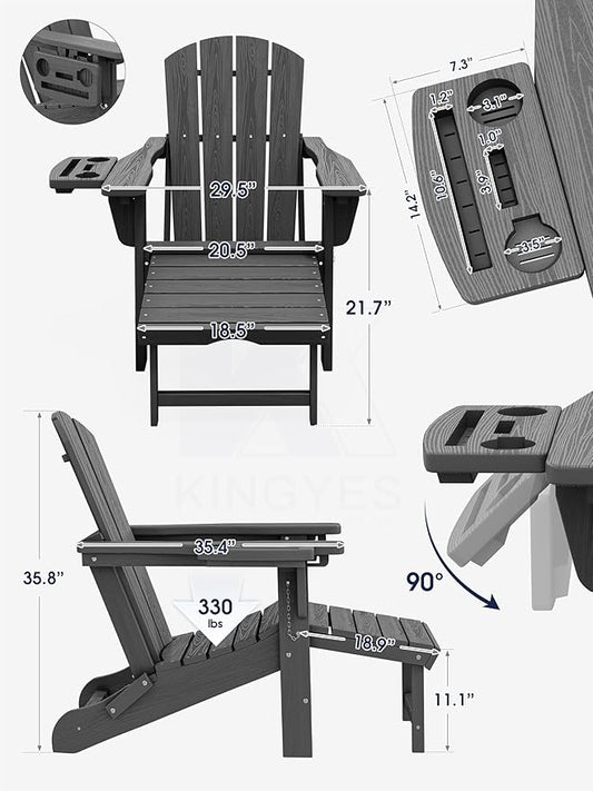 KINGYES Adjustable Folding Adirondack Chair with Footrest & 4-in-1 Multi-Functional Armrest Organizer, HDPE Foldable Reclining Adirondack Chair with Pull-Out Ottoman, Gray