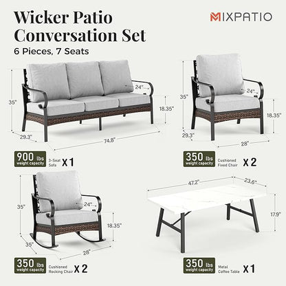 Patio Furniture Set with Firepit Table, Black Frame Outdoor Conversation Set with 2 x Fixed Chairs, 2 x Rocking Chairs, 1 x 3-Seat Sofa for Lawn Garden Backyard, Light Grey