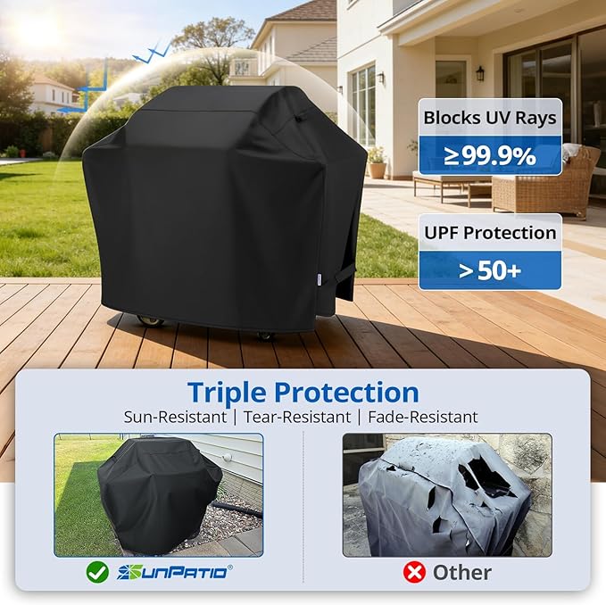 SunPatio Grill Cover 55 Inch, Outdoor Heavy Duty Waterproof Barbecue Gas Cover, UV & Fade Resistant, All Weather Protection Compatible for Weber Charbroil Nexgrill Kenmore Grills and More, Black