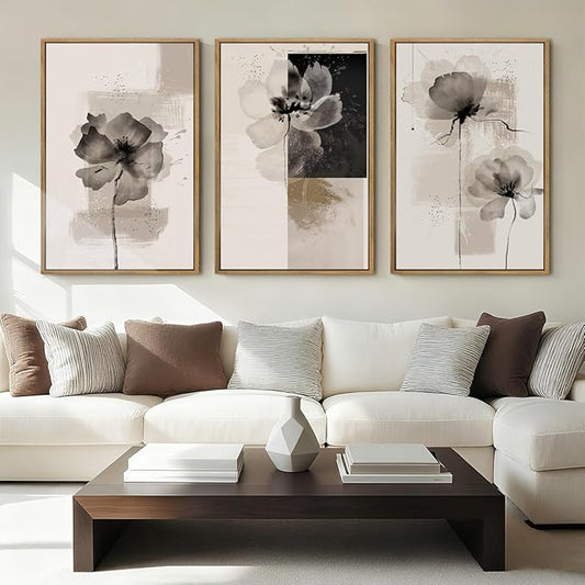IARTTOP Neutral flower Framed Wall Art 16x24 Inch Black Beige Abstract Floral Canvas Wall Decor Modern Minimalist Flower Paintings for Living Room Bedroom Dining room Set of 3
