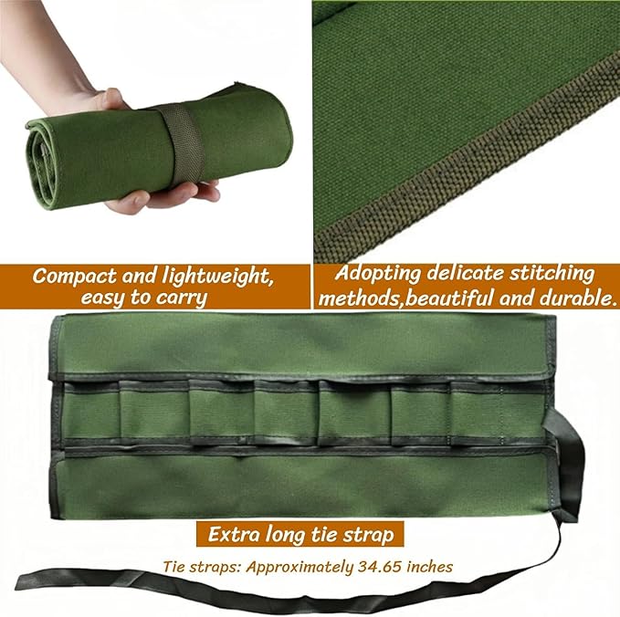 BLIRITEL Garden Roll Up Tool Bag, Canvas Bonsai Tools Roll with 8 Pockets, Multifunctional Tool Bag Organizer for Bonsai Tool Kits Storage, Wrench Roll Tool Pouch (Bag Only, Tools Not Include)