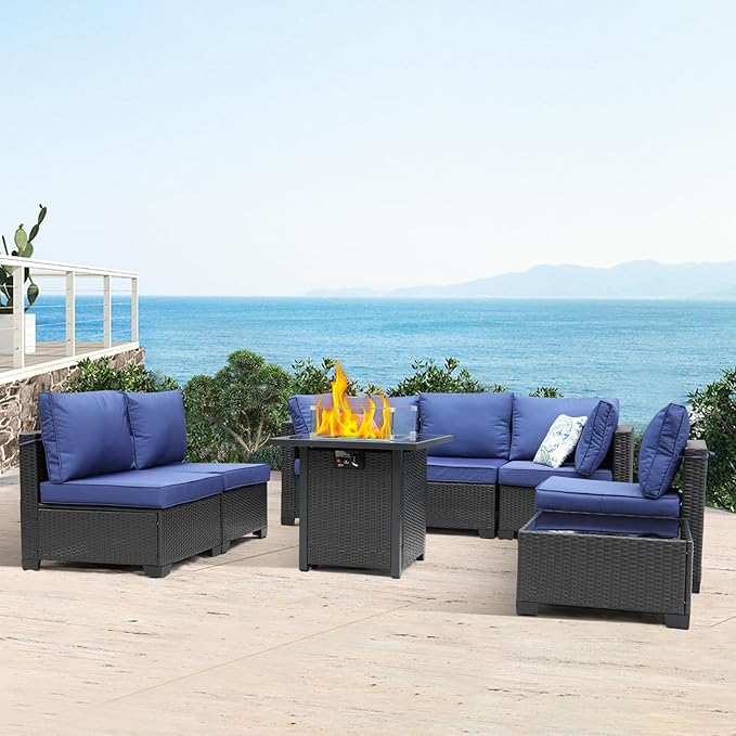 8 Pieces Patio Furniture Set with 28" Fire Pit Table, Wicker Outdoor Sectional Couch, Rattan Conversation Set for Backyard, Deck, Garden Lawn, Coffee/Blue
