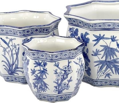Galt International Blue & White Round Fluted Floral Palm Lotus Porcelain Ceramic Plant Flower Planter Pot Set of 3 (7.5", 10", 13") Garden Pots Chinese Asian Design