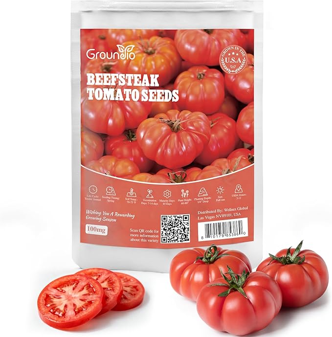 Groundio Beefsteak Tomato Seeds 300+ Non GMO Heirloom, High Germination Indeterminate Seeds for Planting, Large Meaty Slicing Fruits, Vegetable Garden (Solanum lycopersicum)