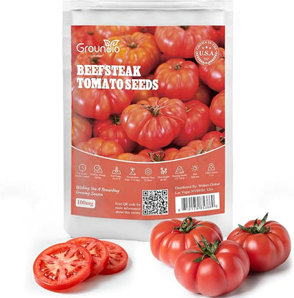 Groundio Beefsteak Tomato Seeds 300+ Non GMO Heirloom, High Germination Indeterminate Seeds for Planting, Large Meaty Slicing Fruits, Vegetable Garden (Solanum lycopersicum)