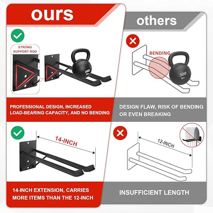 14" Large Heavy Duty Garage Hooks, 4-Pack Steel Garage Storage Hooks with Support Rods, Utility Wall Mount Hangers for Power Tools, Car Tires, Ladders, Chairs, Garden Tools and More