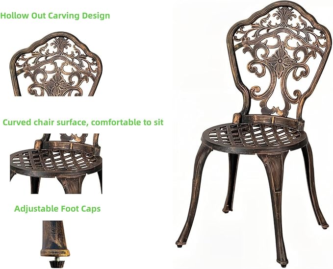 Bistro Set 3 Piece Rustproof Cast Aluminum Patio Furniture Sets 2 Chairs and 1 Round Table Outdoor, Garden, Patio, Balcony, Bronze