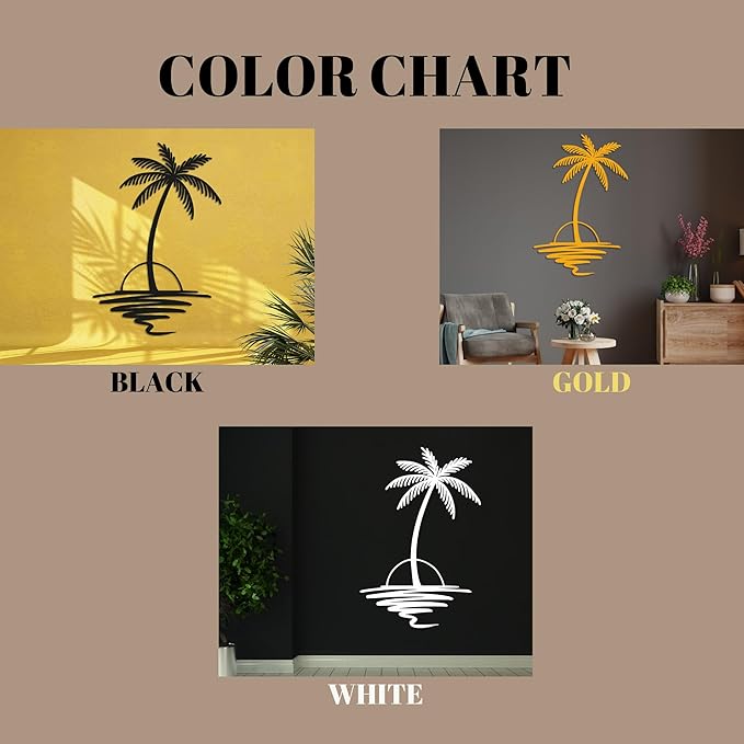 Metal Palm Tree with Sunset Wall Art, Large Outdoor Wall Decor, Tropical Beach Coastal Decor for Living Room, Bedroom, Garden Home Wall Sign, Perfect Metal Wall Art for Beach House, Coastal Theme, and Home Decoration (White, 40 x 33 inches)