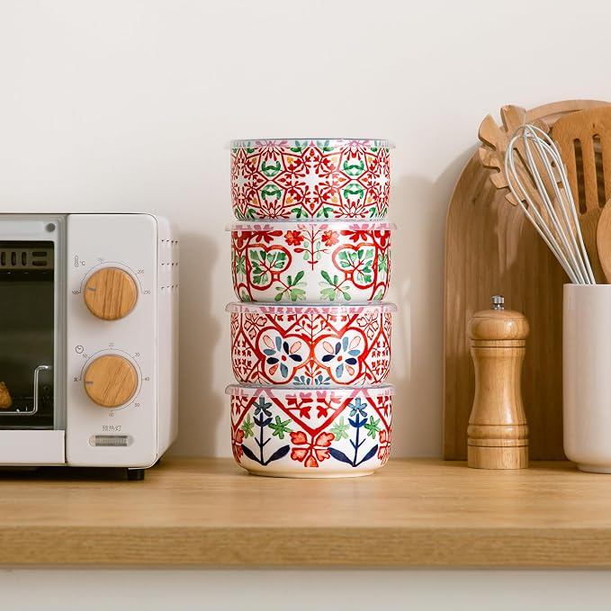 Ceramic Bowl with Lid, Microwave Safe, Set of 4 | Food Storage Containers for Soup, Meal Prep, Cereal, Salad Leftovers - Picnic, Camping, Office Lunch - 20 oz, Red-Pattern