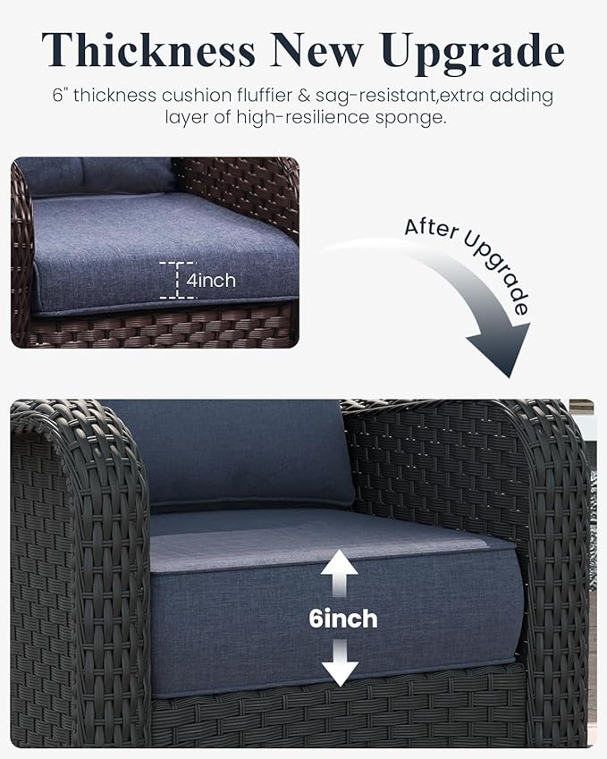 LayinSun 7 Piece Wicker Outdoor Furniture Set with 6-inch Comfy Cushions, High Back Patio Furniture Set with Rattan Armchairs and Fire Pit Table