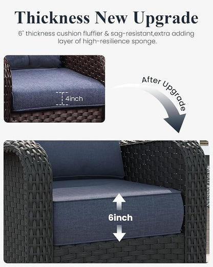 LayinSun 7 Piece Wicker Outdoor Furniture Set with 6-inch Comfy Cushions, High Back Patio Furniture Set with Rattan Armchairs and Fire Pit Table