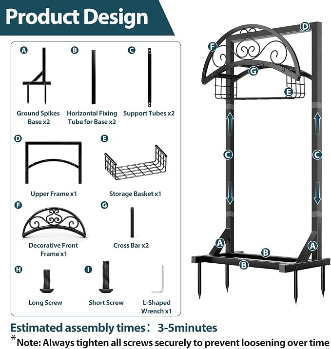 Garden Hose Holder Stand, BOLITE Metal Hanger with Storage Basket, 150ft | Heavy Duty, Freestanding Detachable, Water Hose Holder with Storage Basket, 4 Spikes, Storage Rack for Outside Yard Lawn Farm